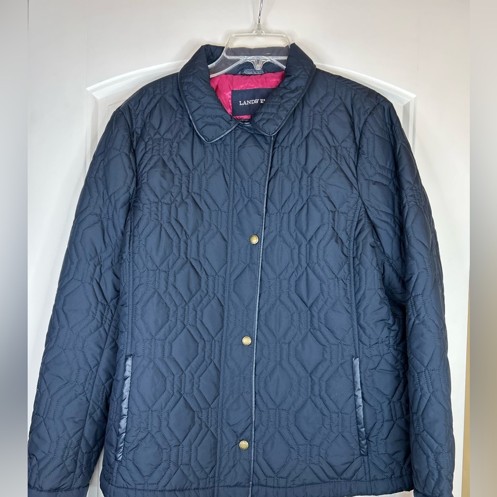 Lands End Womens Sz L 14/16 Navy Quilted Primaloft Jacket Packable w/ Snap Front